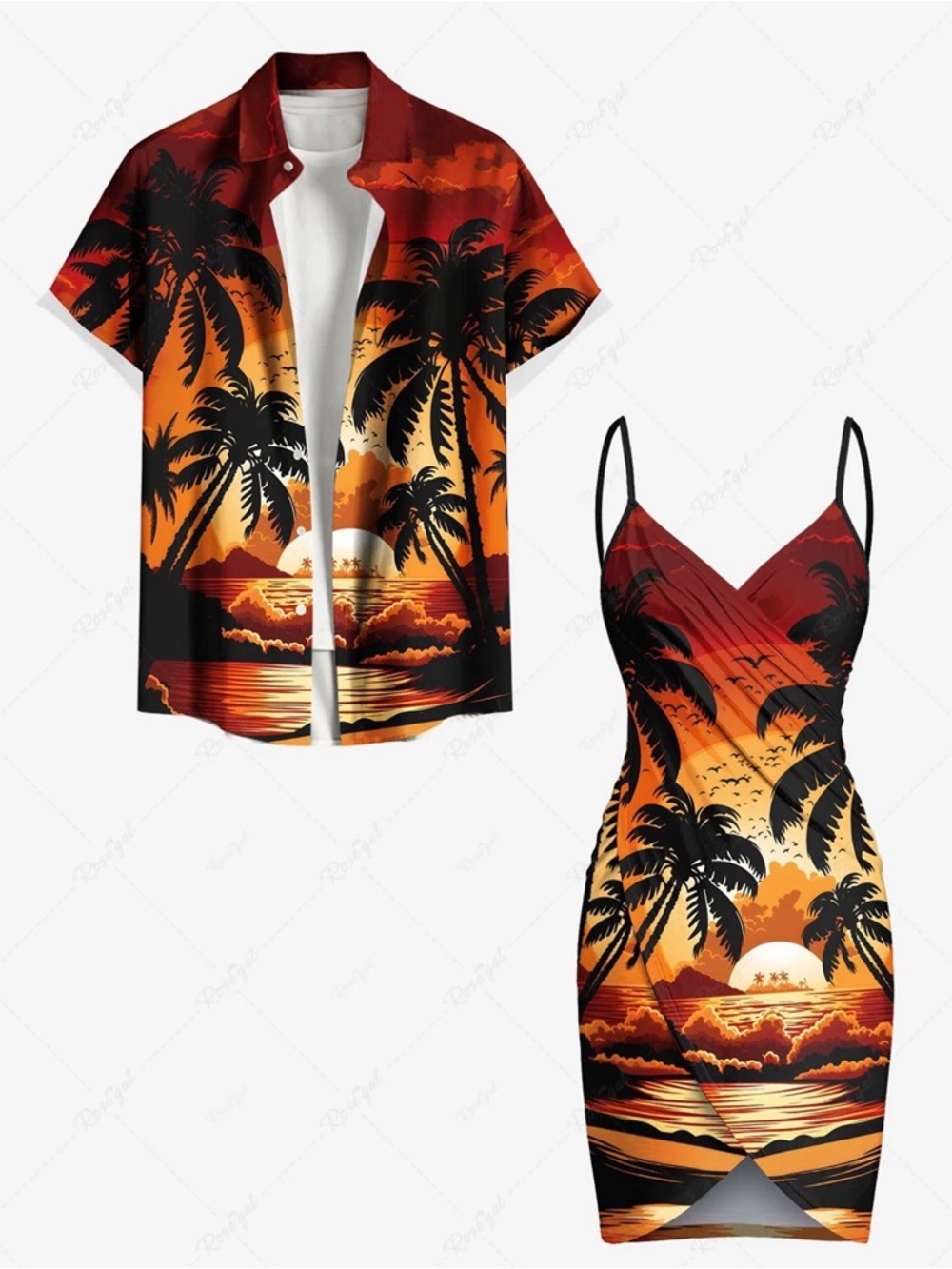 Super cute couples matchy match set!Rosegal Sunset Palm Print Dress &Shirt Set